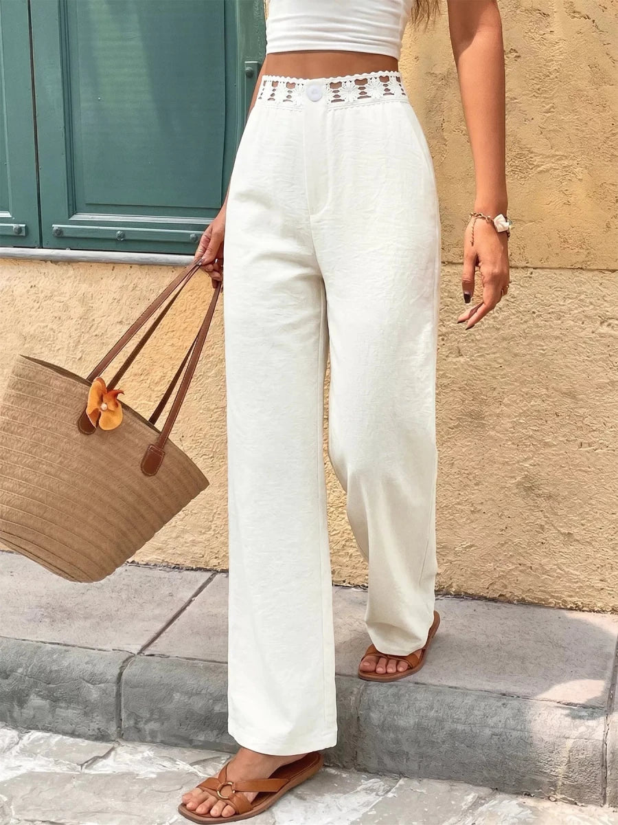 High Waist Wide Leg Pants with Crochet Trim - Q.B.Accessories