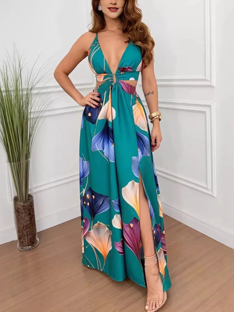 Tropical Print Plunge Cutout Slit Maxi Dress - Q.B.Accessories