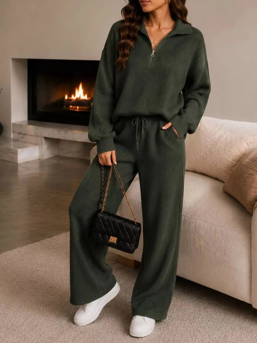Ribbed Quarter-Zip Wide-Leg Pants Set - Q.B.Accessories