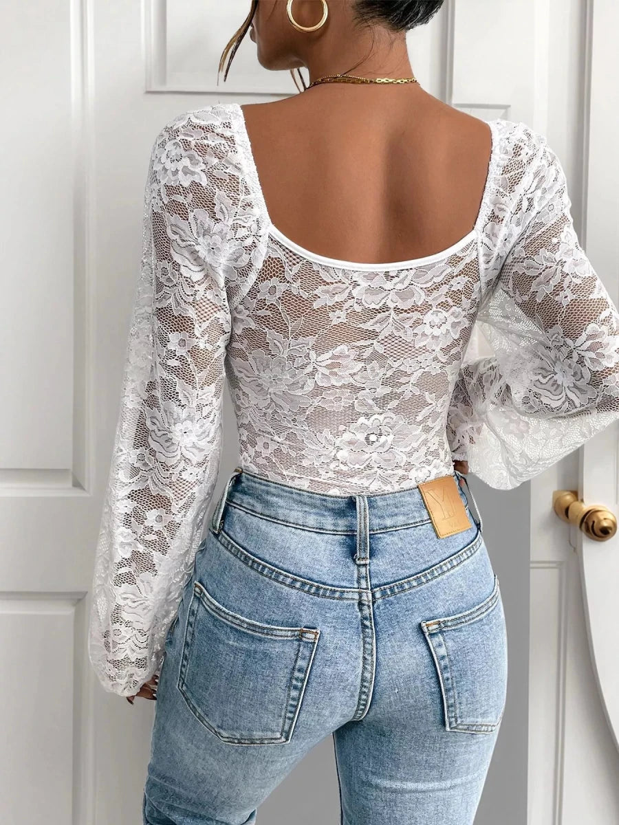 Lace V - Neck Long Sleeve Bodysuit - Q.B.Accessories