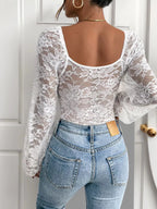 Lace V - Neck Long Sleeve Bodysuit - Q.B.Accessories