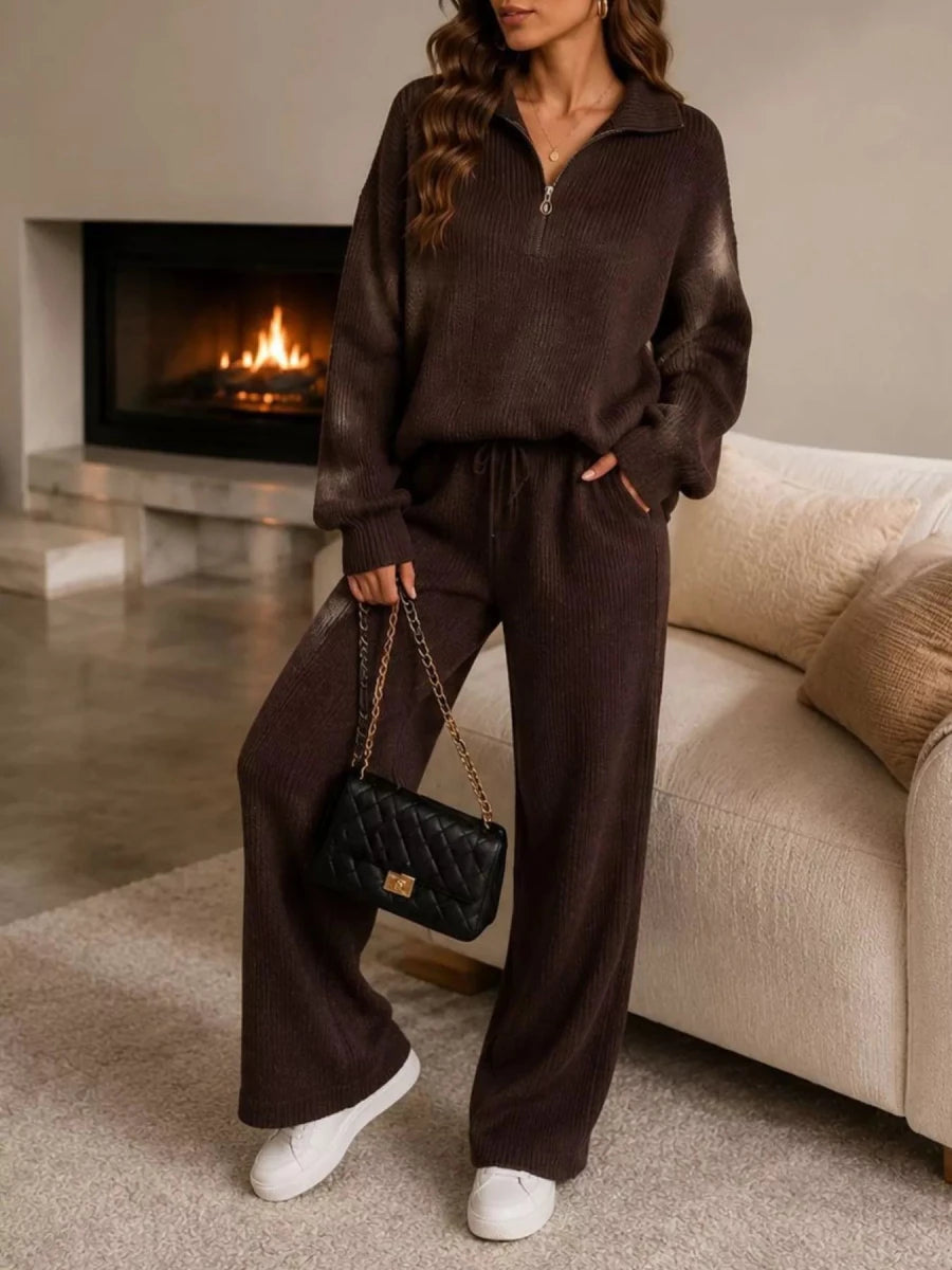 Ribbed Quarter-Zip Wide-Leg Pants Set - Q.B.Accessories