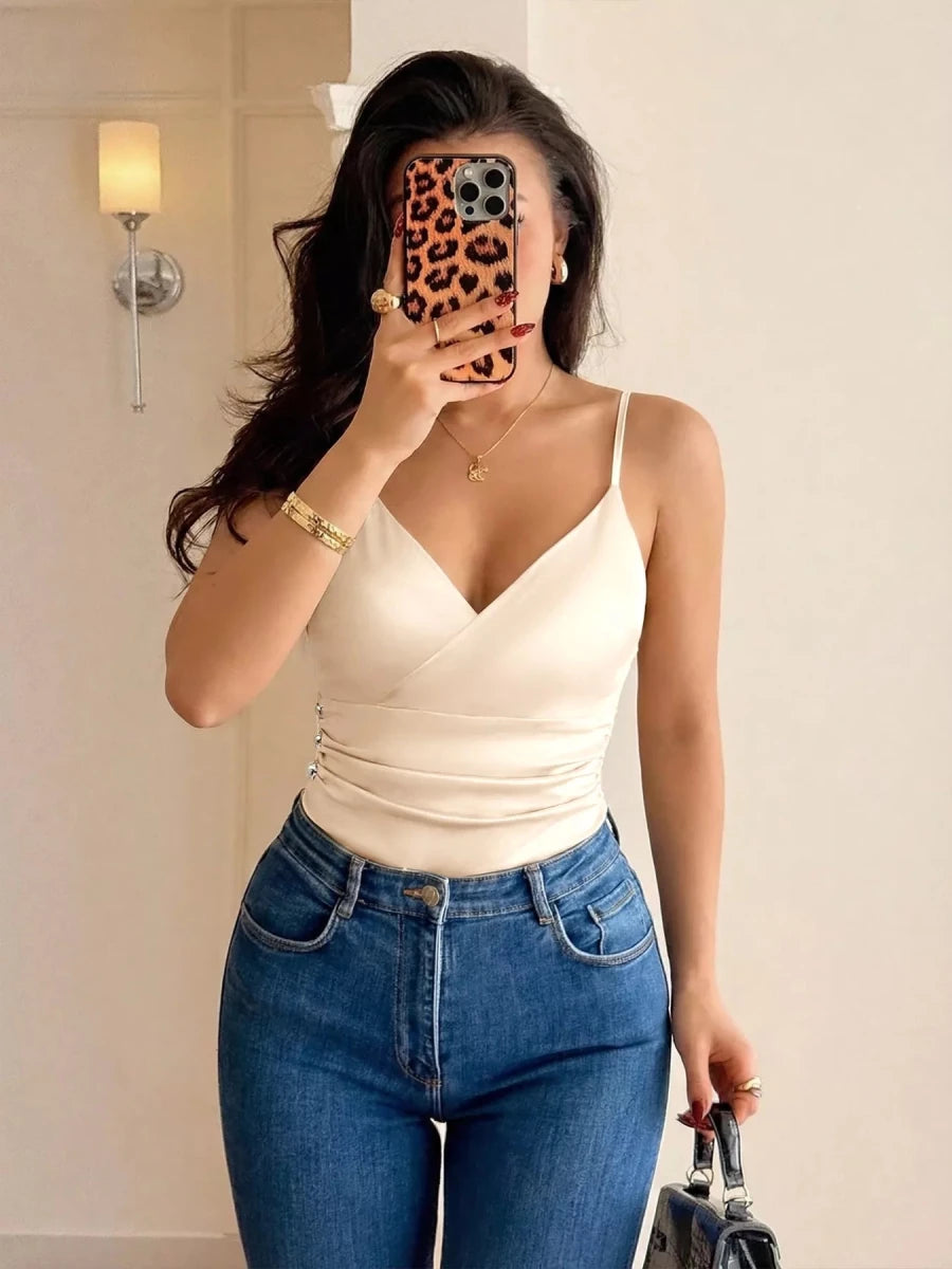 Ruched Spaghetti Strap Bodysuit - Q.B.Accessories
