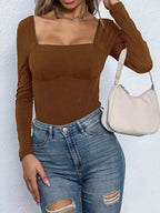 Square Neck Long Sleeve Bodysuit - Q.B.Accessories