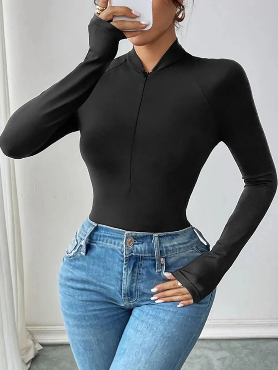 Perfee Half Zip Long Sleeve Bodysuit - Q.B.Accessories