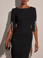Slim - Fit Elegant Midi Dress with Beaded Slit Sleeve - Q.B.Accessories