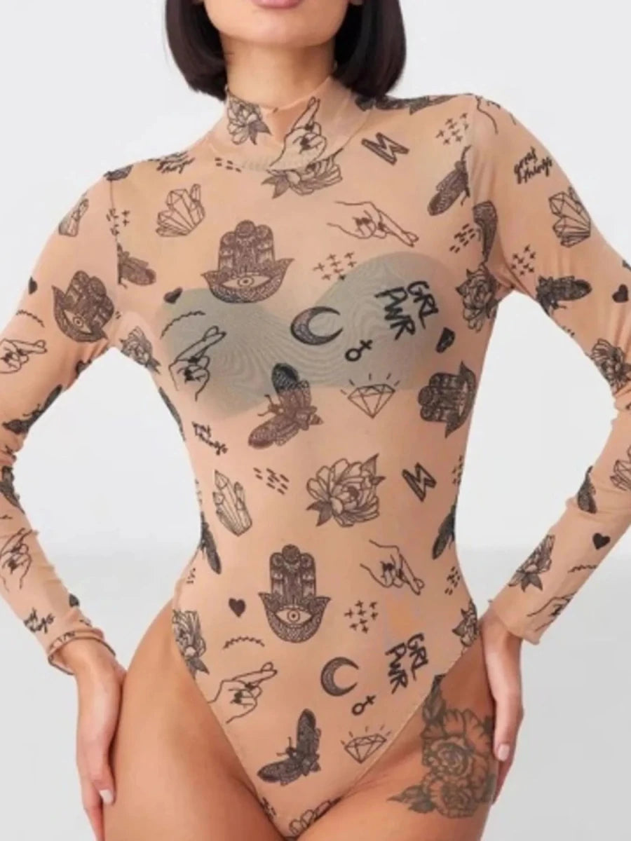 Printed Mock Neck Long Sleeve Bodysuit - Q.B.Accessories