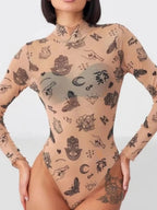Printed Mock Neck Long Sleeve Bodysuit - Q.B.Accessories