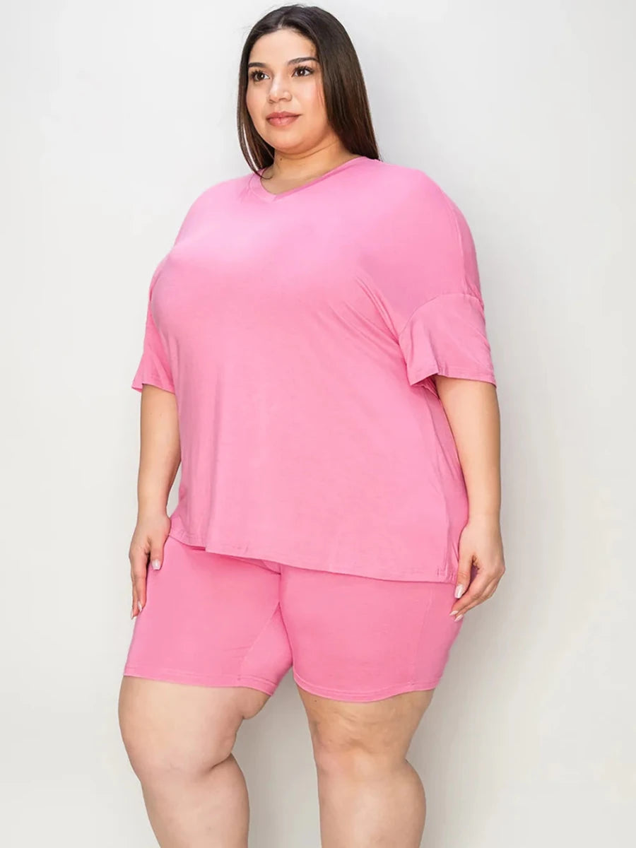 Basic Bae Full Size V - Neck Drop Shoulder T-Shirt and Shorts Set - Q.B.Accessories