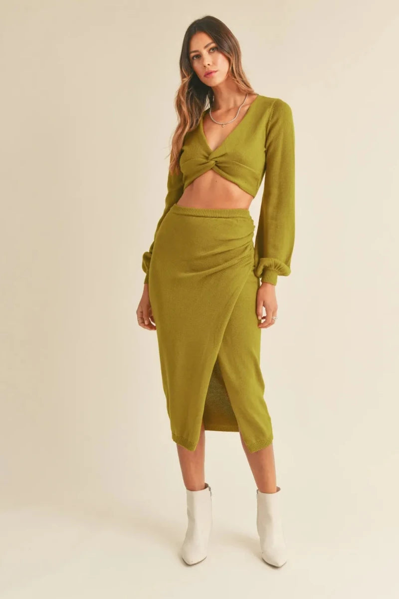 MABLE Front Twisted Knit Top and Midi Skirt Set - Q.B.Accessories