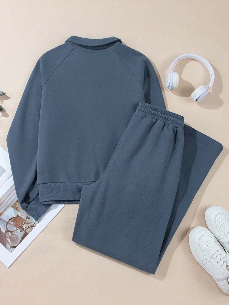 Collared Sweatshirt and High Waist Pants Active Set - Q.B.Accessories