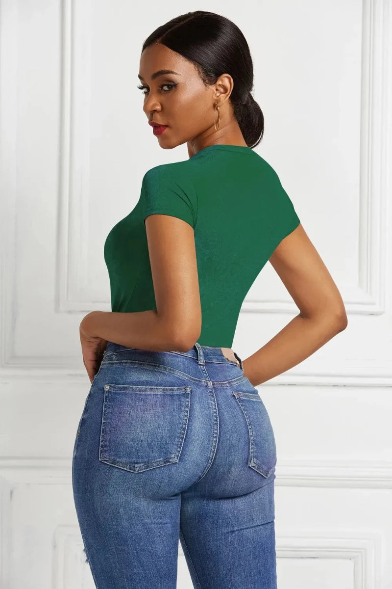 Round Neck Short Sleeve Bodysuit - Q.B.Accessories