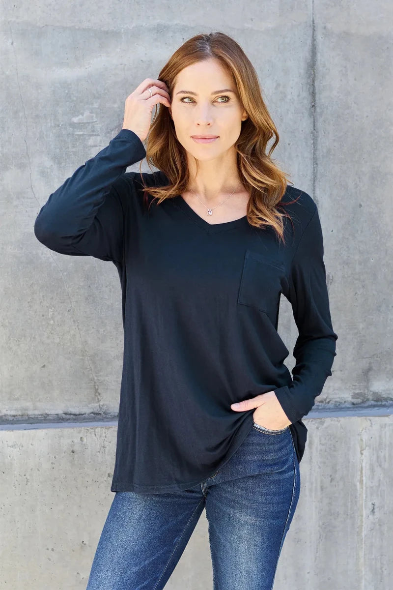 Essential V - Neck Long Sleeve Top – Everyday Comfort Fit | QBA - Q.B.Accessories