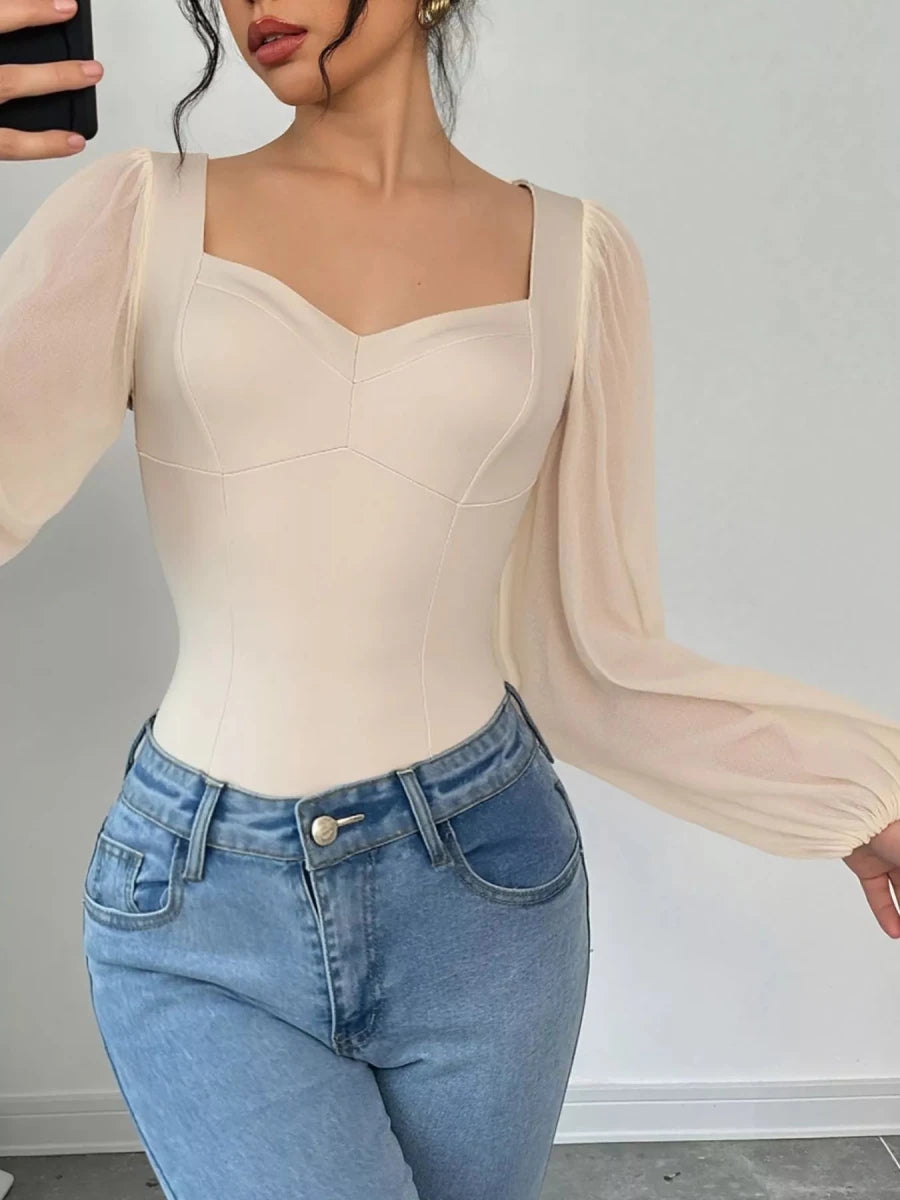 Sweetheart Neck Balloon Sleeve Bodysuit - Q.B.Accessories
