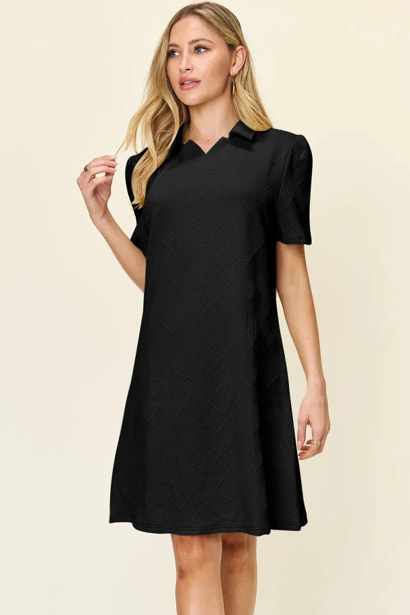 Double Take Full Size Texture Collared Neck Short Sleeve Dress - Q.B.Accessories