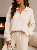 Ribbed Quarter-Zip Wide-Leg Pants Set - Q.B.Accessories