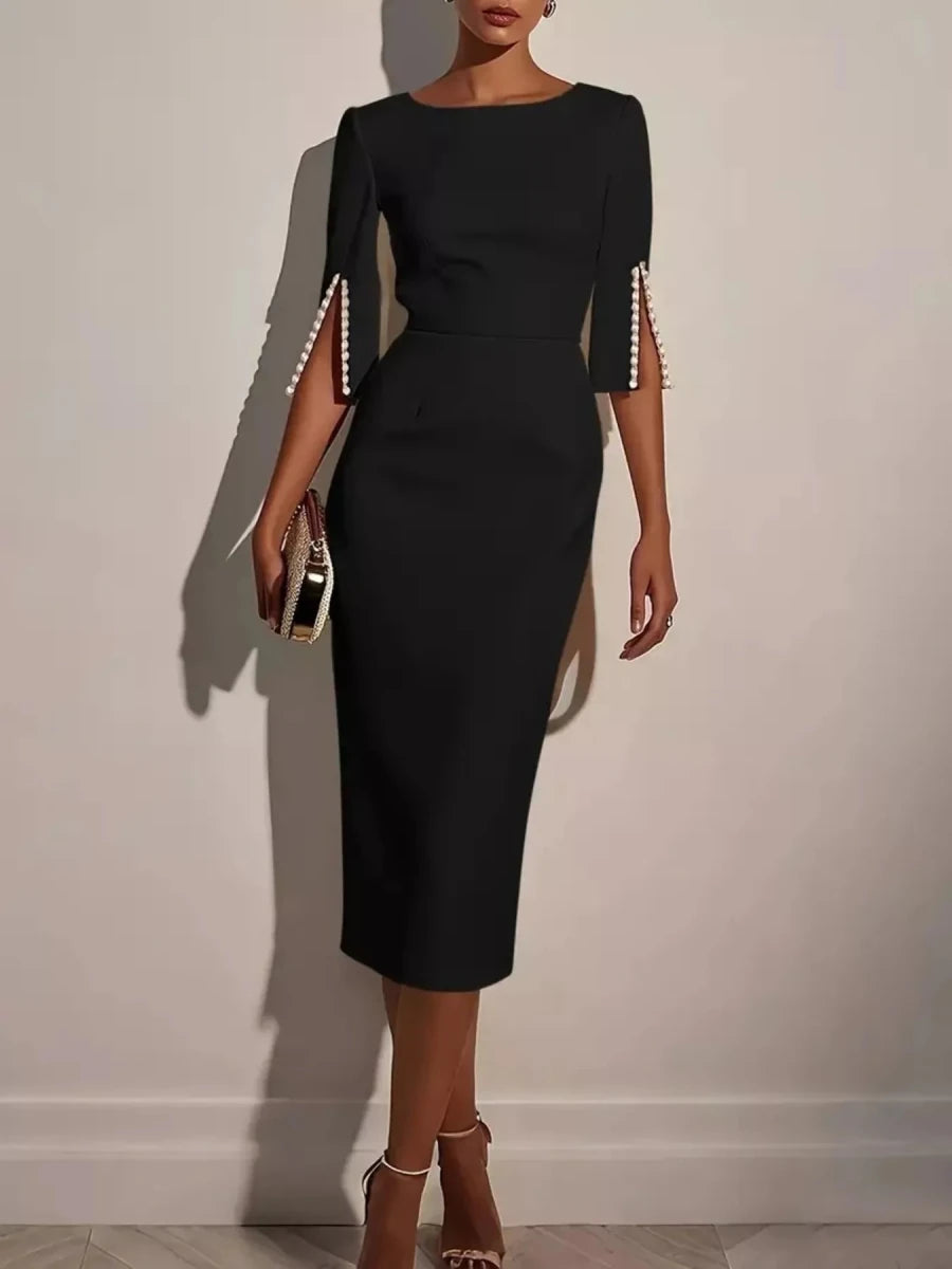 Slim - Fit Elegant Midi Dress with Beaded Slit Sleeve - Q.B.Accessories