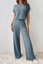 Ribbed Short Sleeve Wide Leg Jumpsuit - Q.B.Accessories