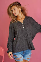 BiBi Textured Knit Hoodie with Buttoned Placket - Q.B.Accessories