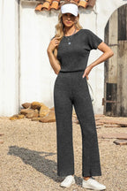 Ribbed Short Sleeve Wide Leg Jumpsuit - Q.B.Accessories