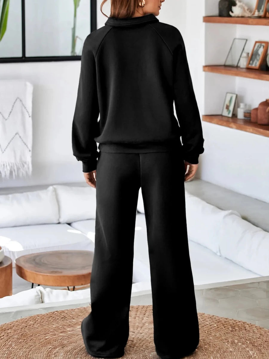 Collared Sweatshirt and High Waist Pants Active Set - Q.B.Accessories