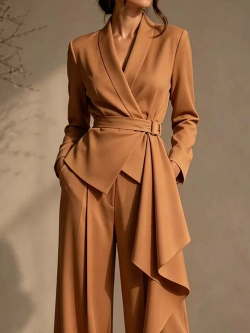 Belted Blazer & Wide-Leg Pants Set - Q.B.Accessories