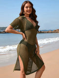 Slit Openwork Johnny Collar Short Sleeve Cover - Up - Q.B.Accessories