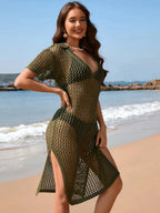 Slit Openwork Johnny Collar Short Sleeve Cover - Up - Q.B.Accessories