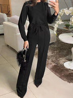 Solid Color Long Sleeve Top & Wide Leg Pants Set - Q.B.Accessories