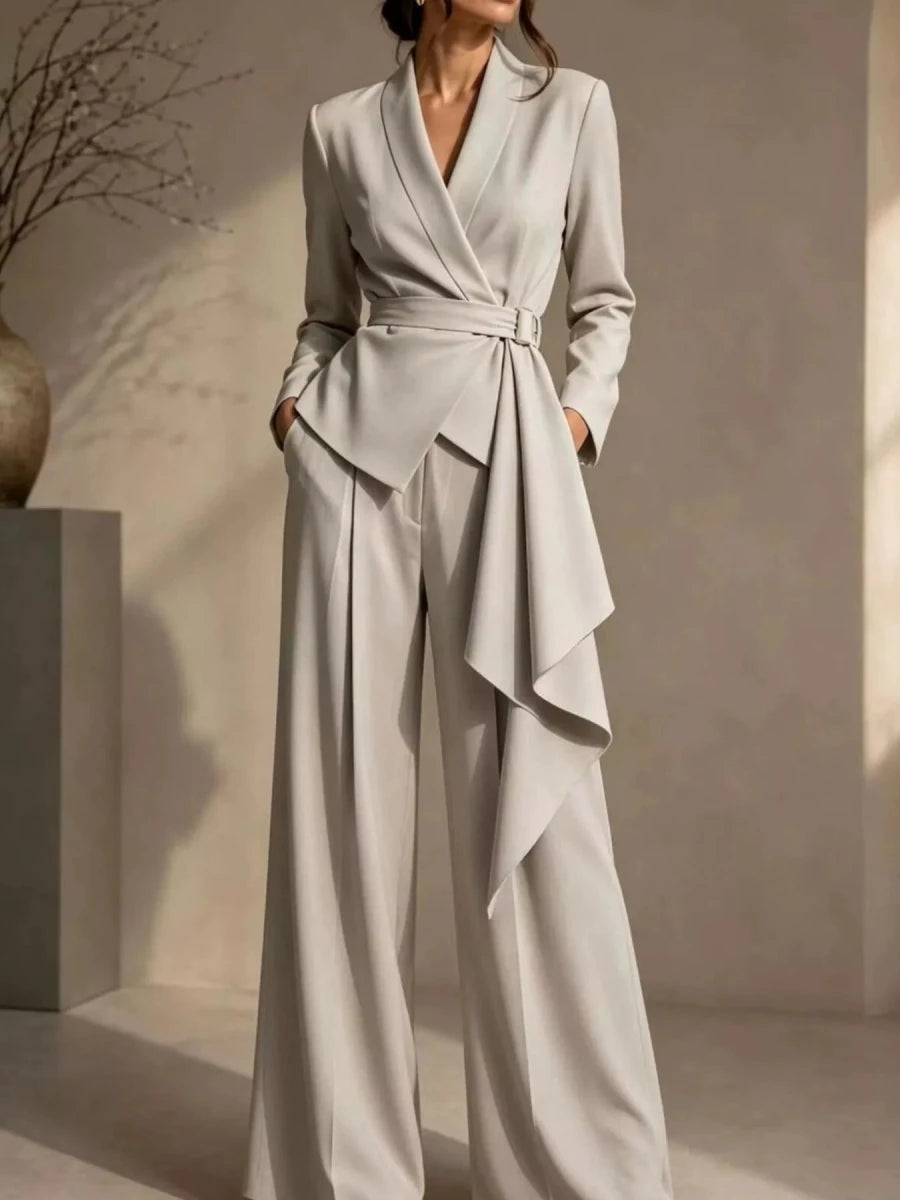 Belted Blazer & Wide-Leg Pants Set - Q.B.Accessories