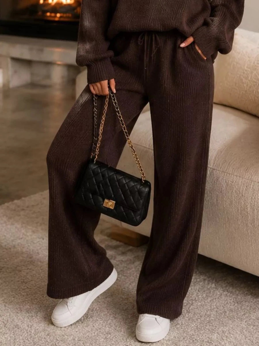 Ribbed Quarter-Zip Wide-Leg Pants Set - Q.B.Accessories