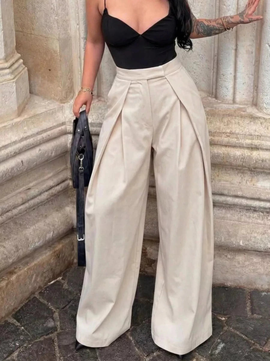 High - Waisted Pleated Wide Leg Pants - Q.B.Accessories
