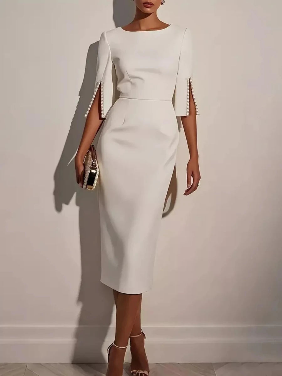 Slim - Fit Elegant Midi Dress with Beaded Slit Sleeve - Q.B.Accessories