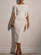 Slim - Fit Elegant Midi Dress with Beaded Slit Sleeve - Q.B.Accessories