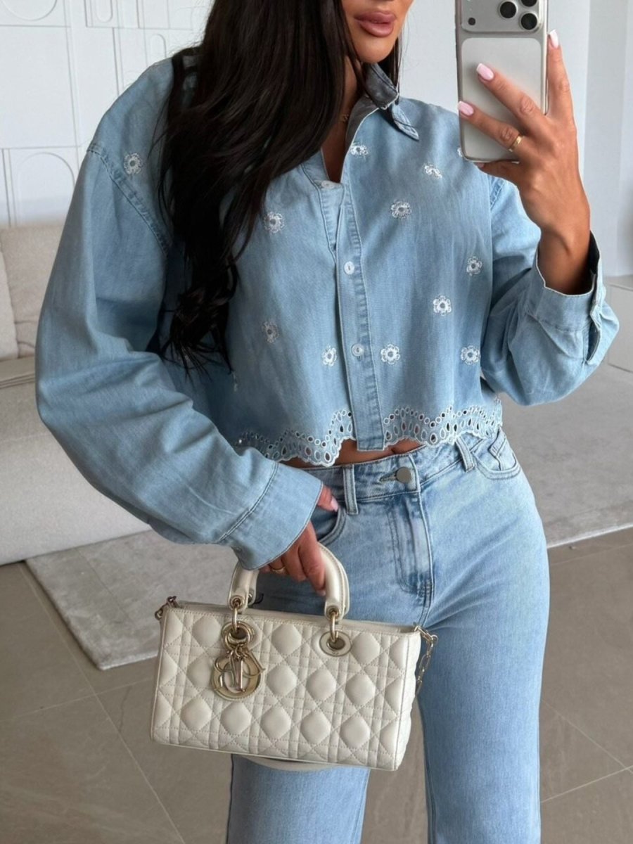 Embroidered Cropped Denim Shirt - Q.B.Accessories