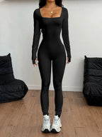 Square Neck Long Sleeve Active Jumpsuit - Q.B.Accessories