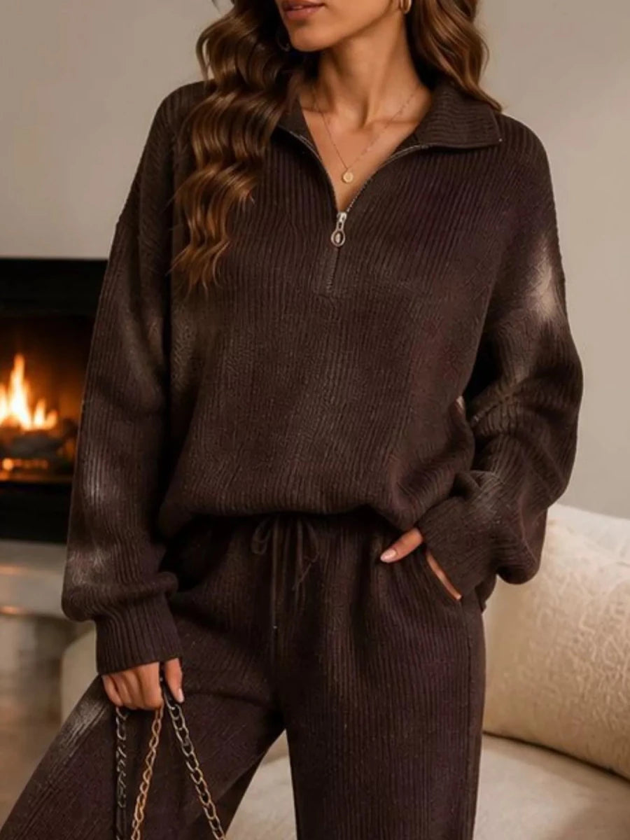 Ribbed Quarter-Zip Wide-Leg Pants Set - Q.B.Accessories