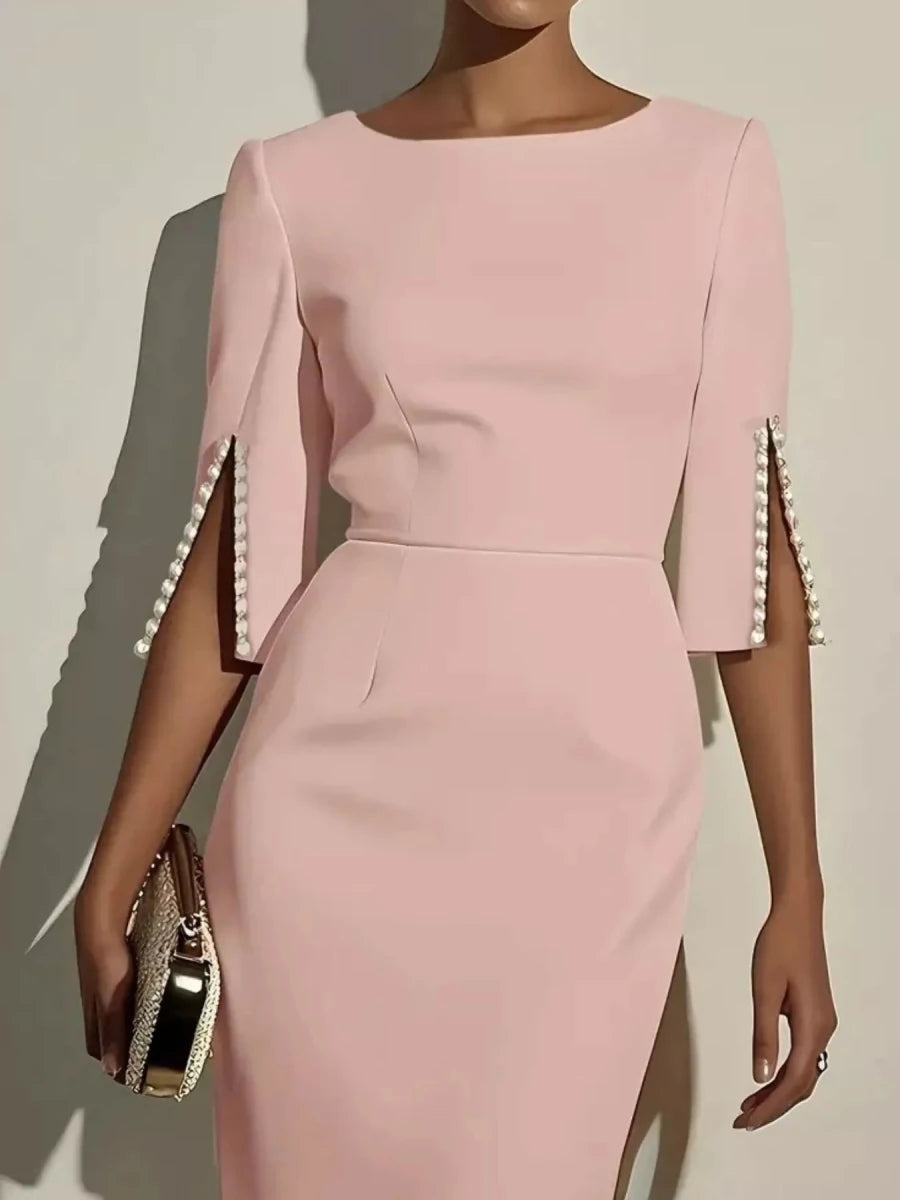 Slim - Fit Elegant Midi Dress with Beaded Slit Sleeve - Q.B.Accessories