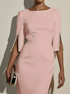 Slim - Fit Elegant Midi Dress with Beaded Slit Sleeve - Q.B.Accessories
