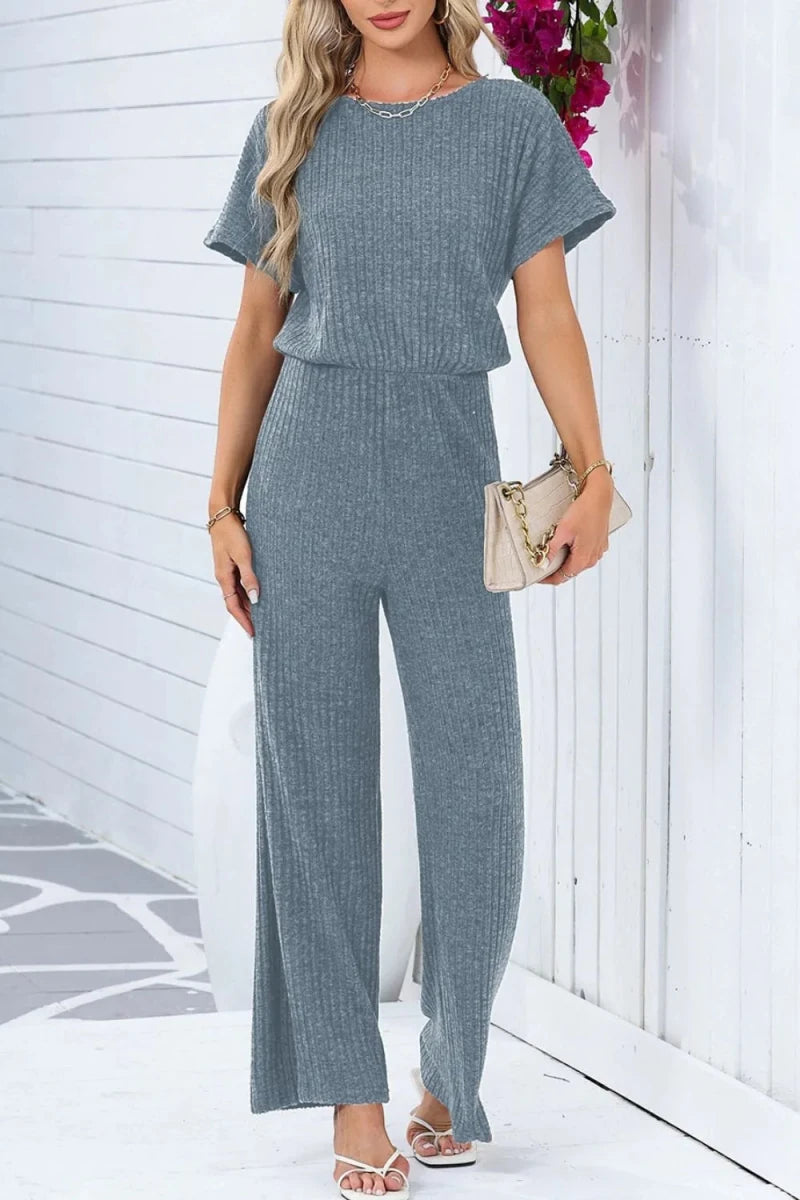 Ribbed Short Sleeve Wide Leg Jumpsuit - Q.B.Accessories