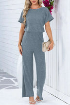 Ribbed Short Sleeve Wide Leg Jumpsuit - Q.B.Accessories