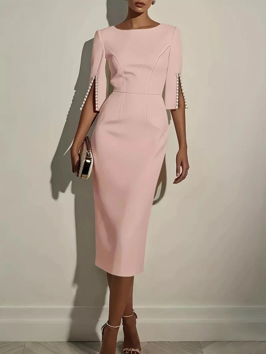 Slim - Fit Elegant Midi Dress with Beaded Slit Sleeve - Q.B.Accessories
