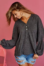 BiBi Textured Knit Hoodie with Buttoned Placket - Q.B.Accessories