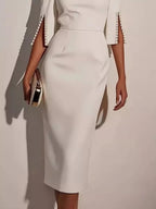 Slim - Fit Elegant Midi Dress with Beaded Slit Sleeve - Q.B.Accessories