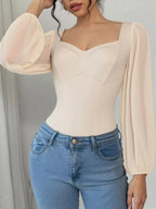 Sweetheart Neck Balloon Sleeve Bodysuit - Q.B.Accessories