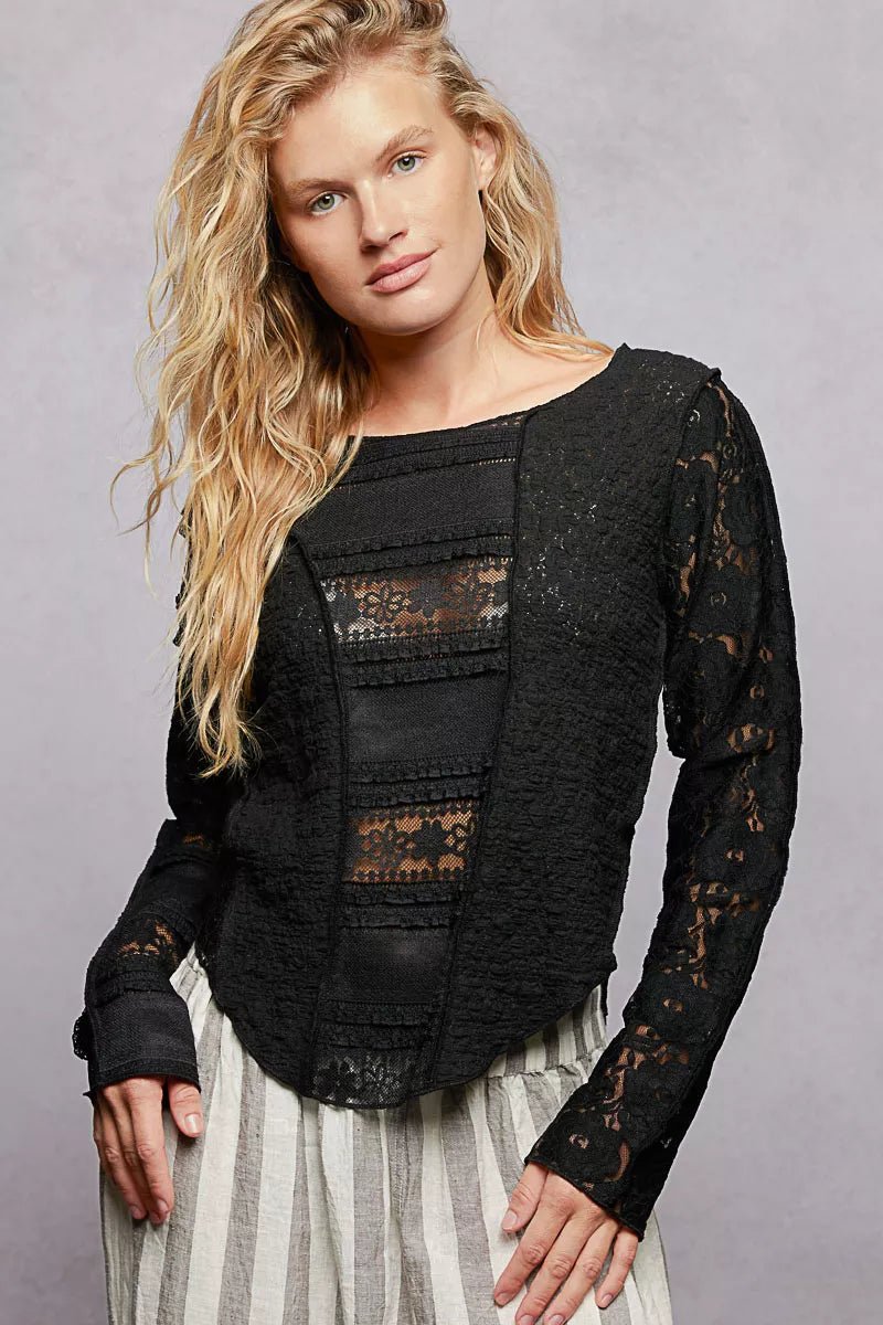 Lace Detail Long Sleeve Top – Elegant Everyday Fit | QBA - Q.B.Accessories
