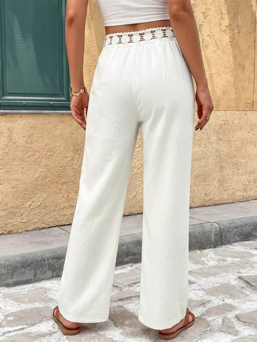High Waist Wide Leg Pants with Crochet Trim - Q.B.Accessories