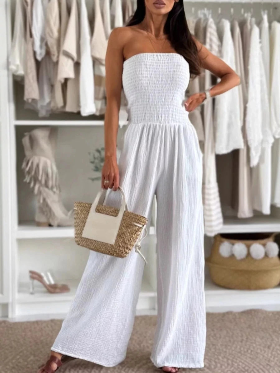 Smocked Wide-Leg Tube Jumpsuit - Q.B.Accessories