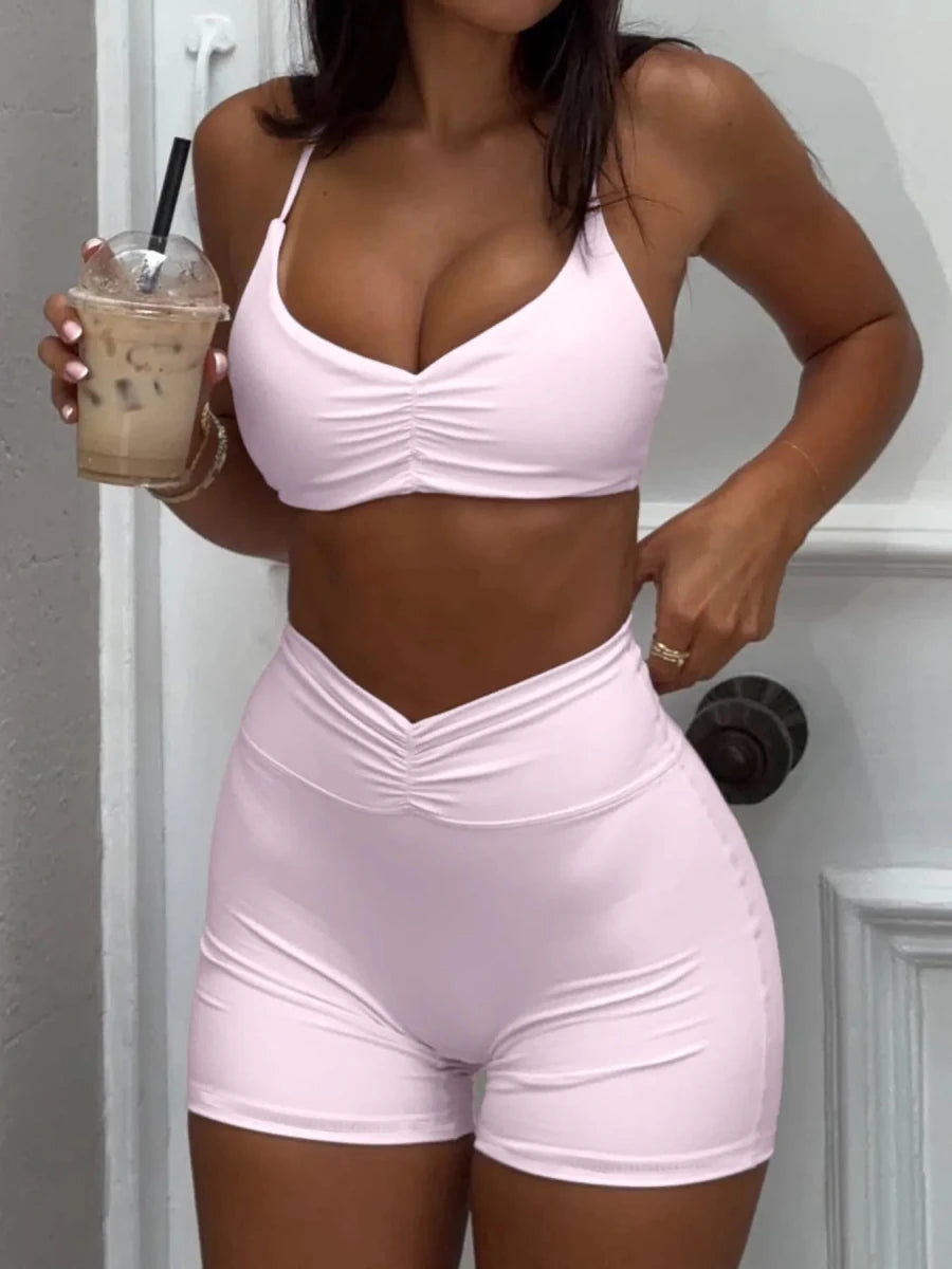 Ruched Sports Bra and High - Waisted Shorts Active Set - Q.B.Accessories