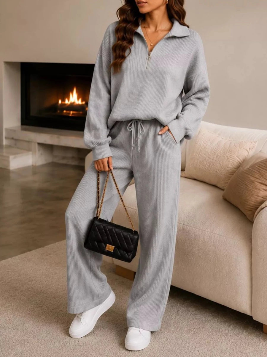 Ribbed Quarter-Zip Wide-Leg Pants Set - Q.B.Accessories